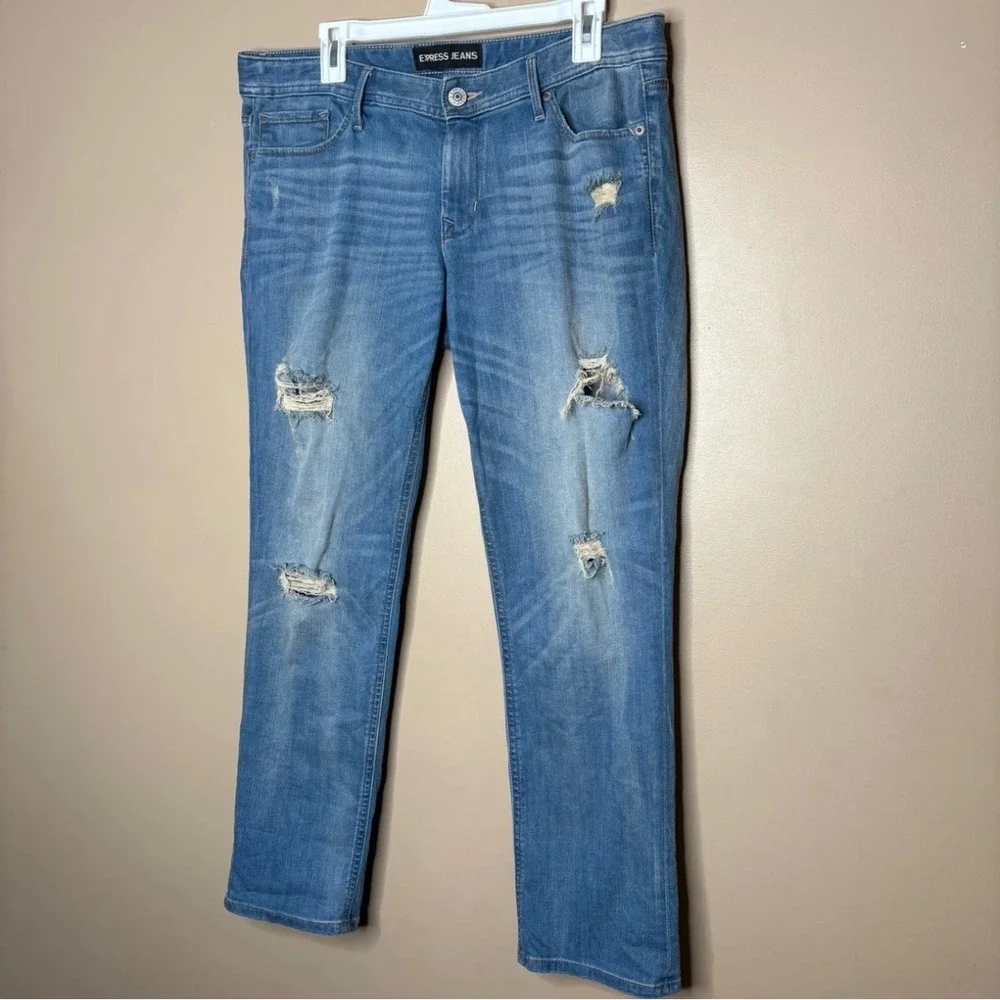 Express Jeans Womens 12R Cropped Skinny Low Rise Distressed Medium Wash Denim